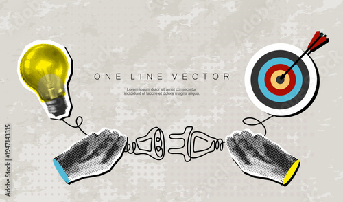 Halftone Collage man connects light bulb and arrow on target circle, dart board. Modern collage design. Successful business performance. Financial success. Business data graph. Achieving high results