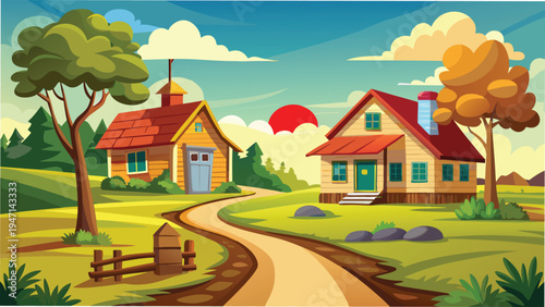 A peaceful rural landscape featuring two cozy cottages nestled along a winding dirt pathway road
