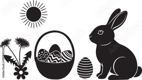 Easter icon set with bunny, eggs, and flowers vector isolated on Transparent Background