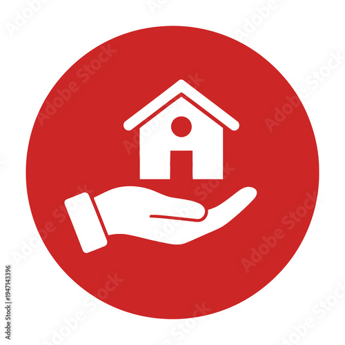 Hand holding house symbol on red circle background minimalist design