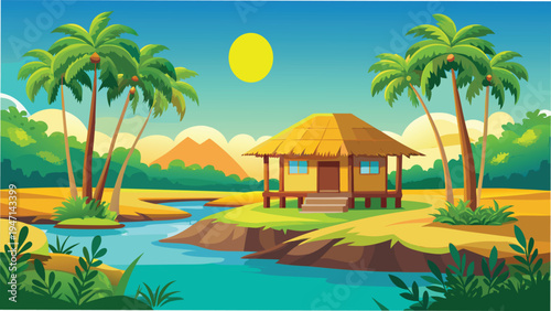 A serene tropical landscape featuring a wooden hut beside a flowing river under a bright summer sun