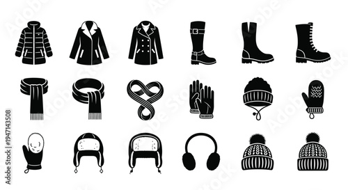 Winter clothing and accessories icons set including coats boots hats gloves and headphones on white background for design and branding