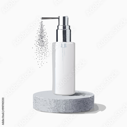 Cosmetic pump bottle dispensing liquid on a round stone pedestal isolated