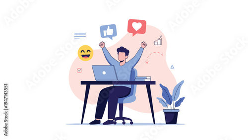 Happy businessman celebrating success at his desk with a laptop surrounded by various social media like and heart icons.