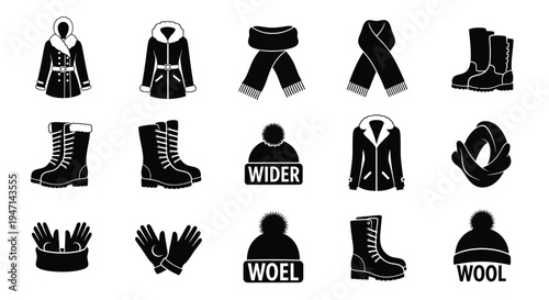 Winter clothing and accessories icons set including coats boots hats gloves and scarves in black on white background