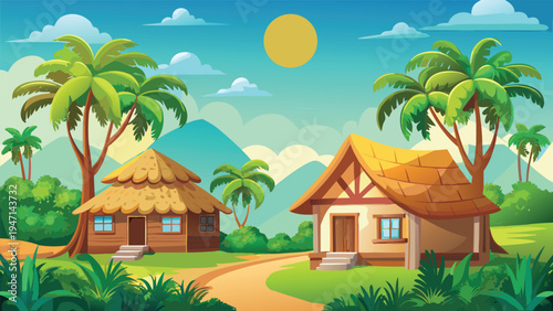 A serene tropical village scene featuring traditional thatched huts nestled among lush palm trees