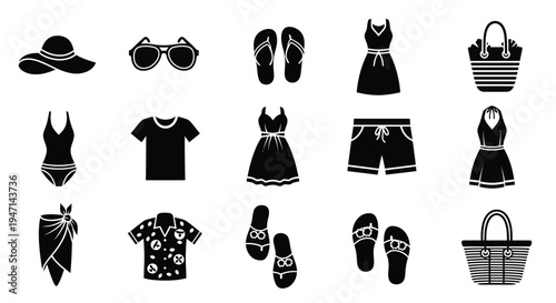 Summer vacation clothing and accessories icons set black and white beachwear travel leisure fashion