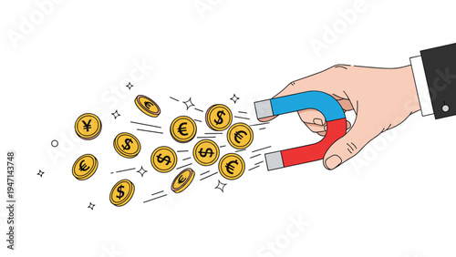 Businessman hand using a large horseshoe magnet to attract various gold coins representing wealth and money generation.