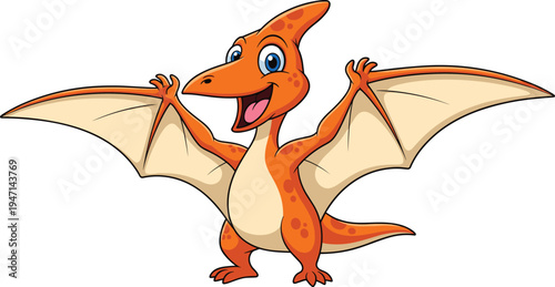 Cute cartoon pterodactyl dinosaur character smiling with spread wings playful prehistoric animal mascot isolated on white background vector illustration