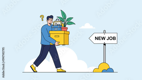 Worried man carrying a box of office supplies and looking at a street sign pointing towards his new job opportunity.