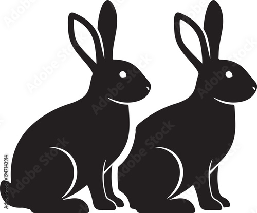 Two black silhouettes of rabbits sitting side by side on a white background isolated on transparent background, isolated on white background, Vector