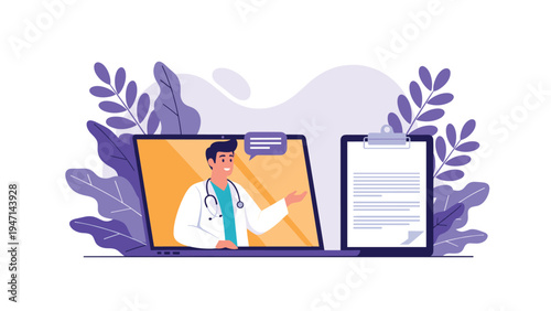 Professional doctor appearing on a laptop screen for a virtual medical consultation next to a health clipboard and plants.