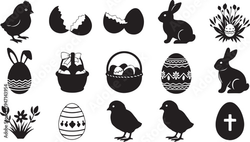 Easter-themed illustrations featuring chicks, bunnies, eggs, and floral designs. isolated on transparent background, isolated on white background, Vector