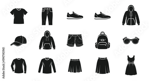 Collection of casual clothing and accessories for everyday wear and outdoor activities