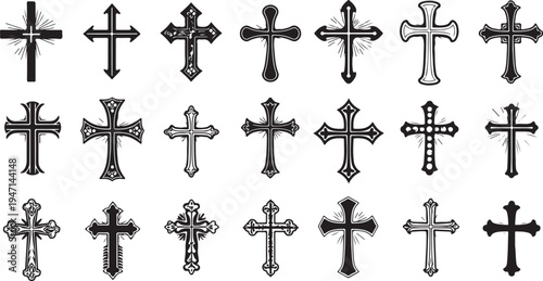 A collection of intricate and diverse cross designs in black and white isolated on transparent background, isolated on white background, Vector