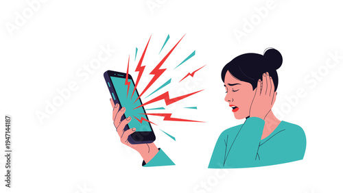 Frustrated young woman covering her ear and looking stressed due to loud noise and alerts coming from her smartphone.