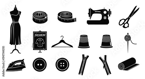 Sewing and fashion design tools and accessories including dress form sewing machine scissors and fabric supplies on white background