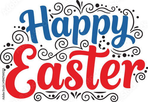 A vibrant and festive happy easter greeting with decorative swirls and dots isolated on transparent background, isolated on white background, Vector