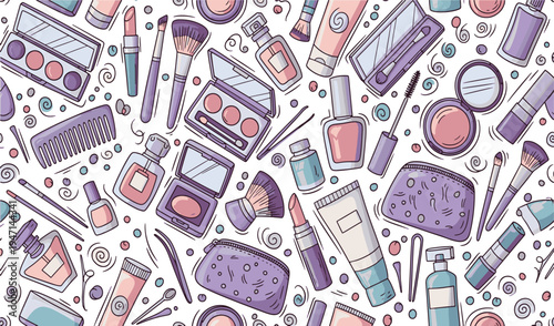 Seamless beauty pattern with makeup cosmetics brushes perfume and skincare accessories for fashion design in a hand drawn vector illustration doodle art