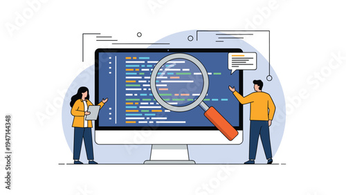 Team of two programmers using a large magnifying glass to inspect and debug computer code displayed on a high resolution screen.