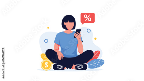 Young woman sitting cross-legged on the floor and using her smartphone for online shopping and financial transactions.