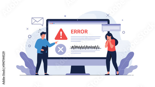 Man and woman looking frustrated and worried at a computer monitor displaying a large red error warning message.