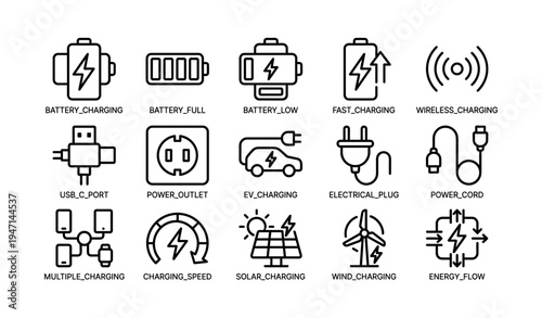 Various charging methods: icons of battery, usb, solar, wind, and wireless