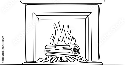 Black and white line of a fireplace with a burning log and flames