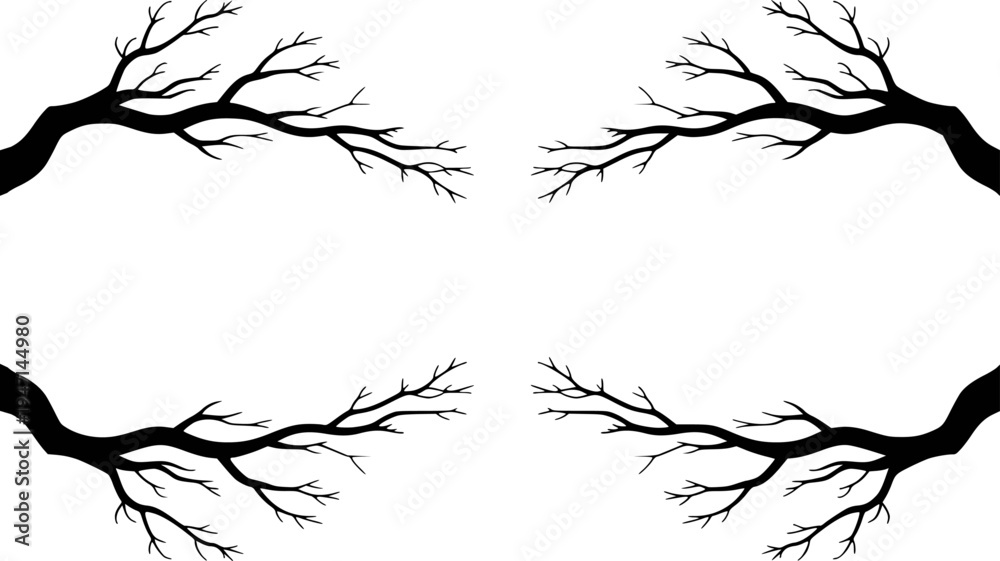 Fototapeta premium Black Silhouette Tree Branches Against White Background Isolated