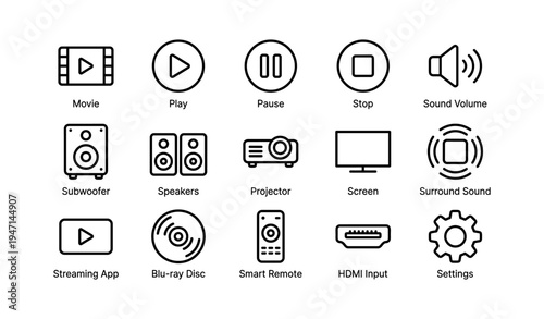 Home theater icon set: media control and sound system symbols