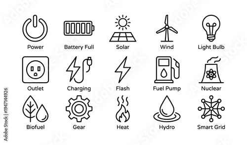 Energy symbols set: power, solar, wind, biofuel, hydro, and more