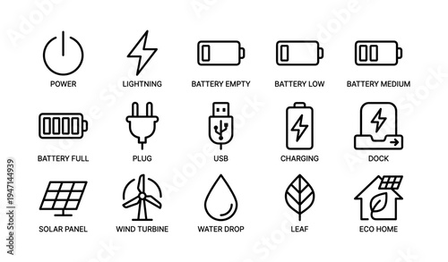 Set of energy icons: power, lightning, battery levels, charging, solar, wind, eco home