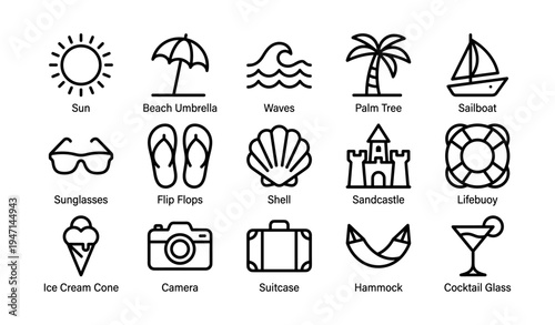 Summer icons: sun, beach umbrella, palm tree, sandcastle, camera, ice cream, sailboat, hammock
