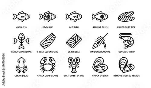 Seafood preparation icons: fish, shrimp, squid, crab, lobster, oyster, mussel