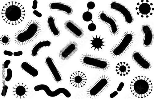 Black Silhouette Microbe Bacteria Virus Shapes Scattered Isolated White Background