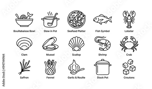 Seafood icons: bouillabaisse, lobster, crab, clam, cooking ingredients