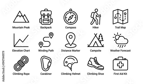 Outdoor adventure icons: camping, hiking, climbing essentials