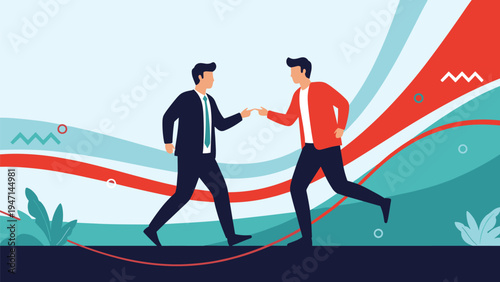 Two professional men in suits pointing at each other against an abstract colorful background representing a conflict.