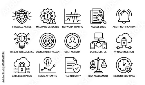 Cybersecurity icons illustrating network protection and threat management