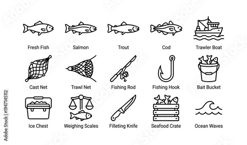 Fishing equipment and seafood icons including fish, trawler, and tools