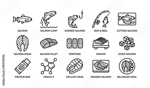 Fish icons collection featuring salmon varieties and fishing equipment