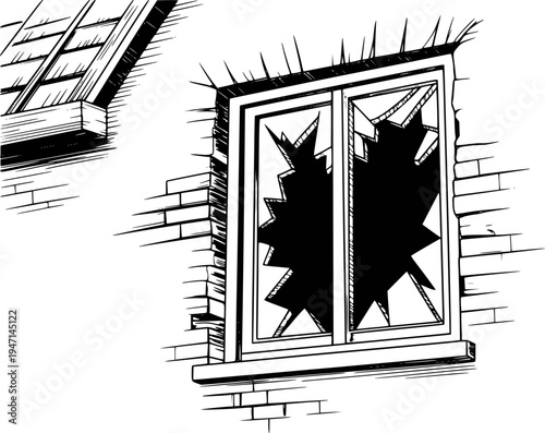Hand Drawn of Broken Window Pane Brick Wall with White Background glass shattered