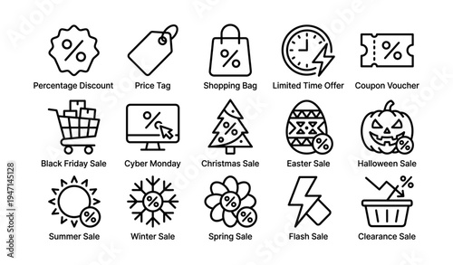 Seasonal and holiday sale icons featuring discounts and shopping symbols