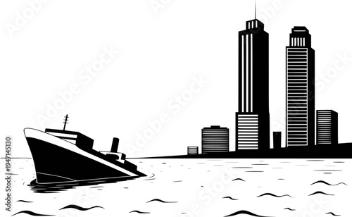 Sinking ship in water near silhouette of city skyscrapers at dawn ocean