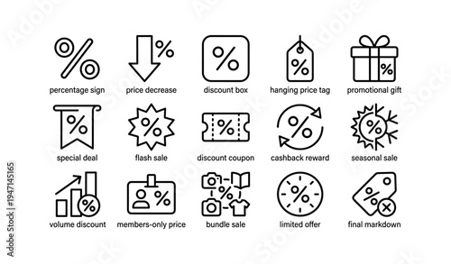 Icons of discounts and offers: percentage, price tag, gift box, coupon, sale, promotion