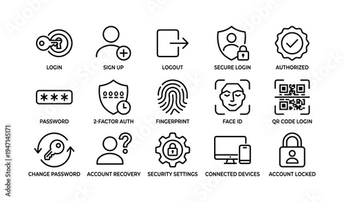 Login and security line icons: password, fingerprint, face id, qr code, account settings
