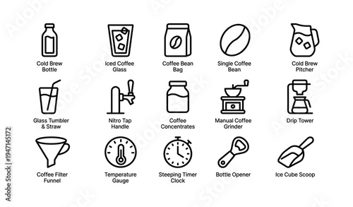 Coffee brewing essentials icons: pitcher, grinder, glass, scoop, timer