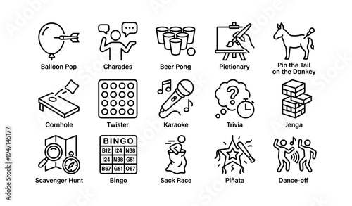 Fun party games: charades, beer pong, pictionary, karaoke, scavenger hunt, jenga