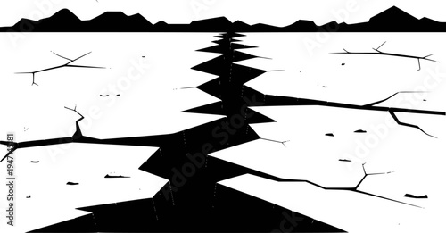 Stark Black Cracked Earth Landscape with Jagged Crevice and Distant Mountain Silhouette