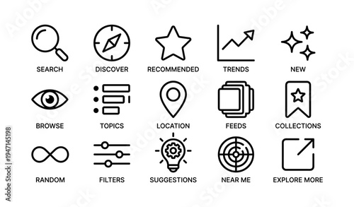 Set of search and navigation icons: magnifying glass, compass, star, graph
